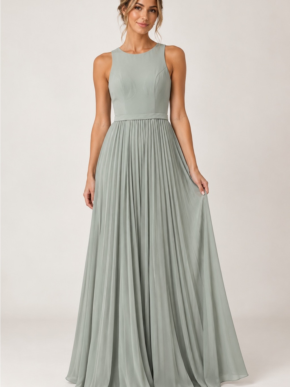 Azazie Sage Green Pleated Chiffon Maxi Dress – Altered to Size 4